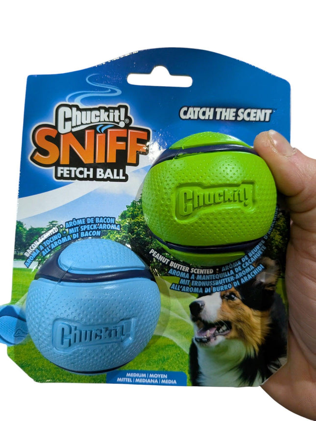 Chuckit Sniff Fetch Bal Combo – Apporteerballen met Pindakaas- & Bacongeur – 6 cm (2 stuks)