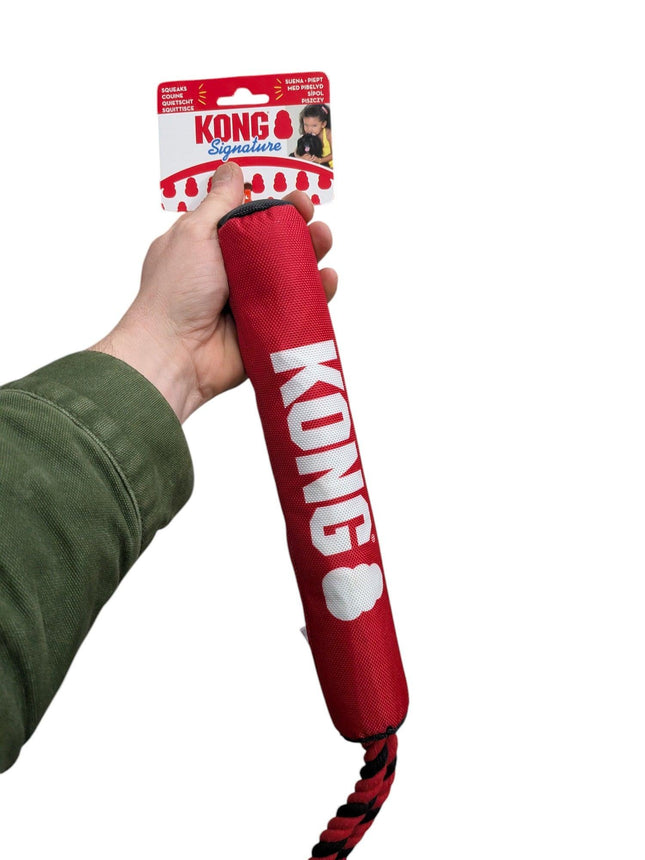 Kong Signature Stick Met Touw Rood / Zwart - Met handvat, pieper, ratel en ritsel voor extra plezier